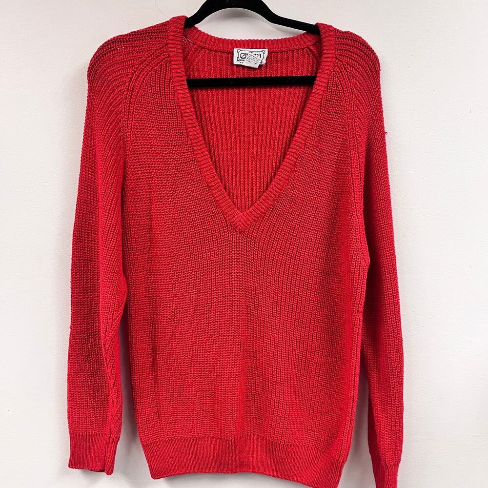 Vintage Women's Erika 1980's deep V neck knit sweater bright red Med